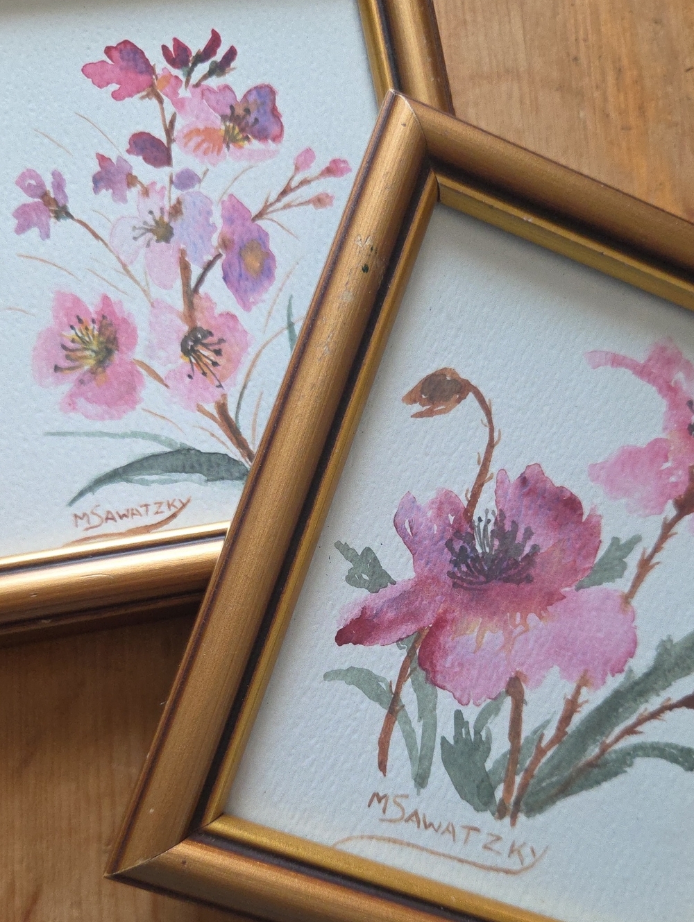 Vintage Floral Original Watercolor Framed Paintings Signed M Sawatzky  Pair 5x6